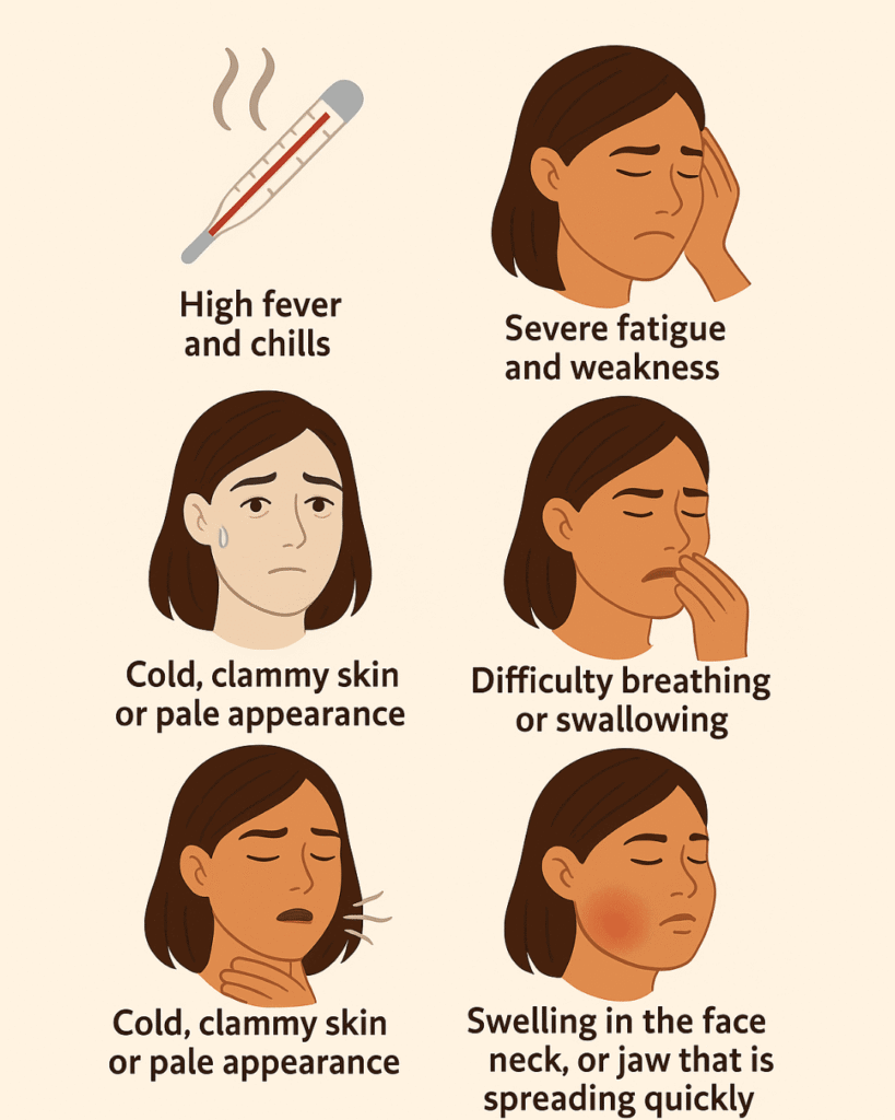 Illustration of severe tooth abscess stages symptoms, including high fever, chills, facial swelling, difficulty breathing, weakness, and pale clammy skin, showing life-threatening infection.