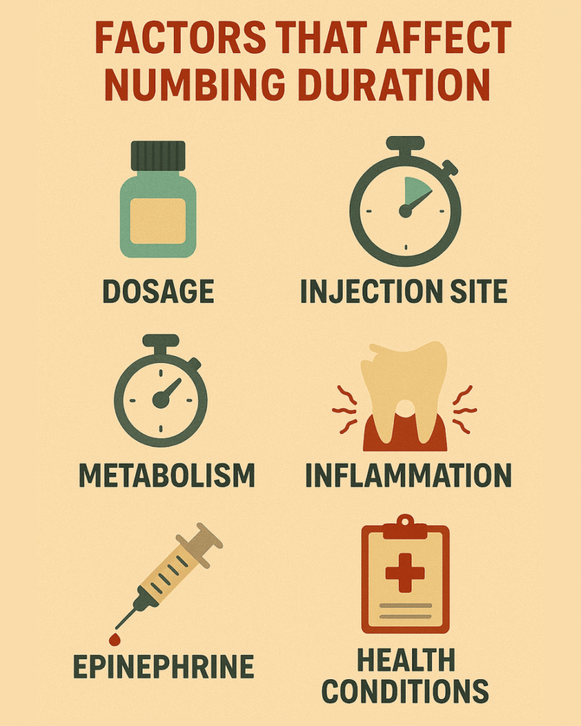 the six Factors That Affect Numbing Duration : dosage, injection site, metabolism, inflammation, epinephrine and your health conditions